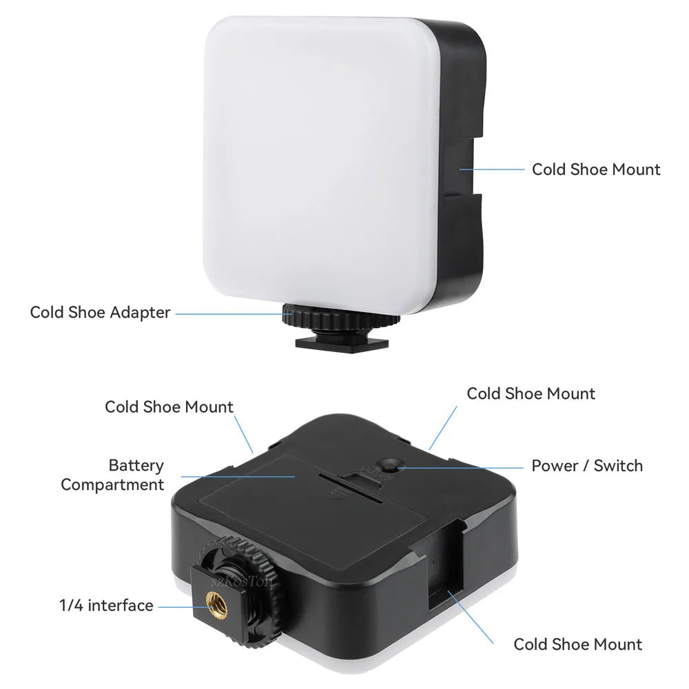 Compact square LED outdoor flash unit with mini tripod, showing rotatable head and scale indicating 7.3cm size.