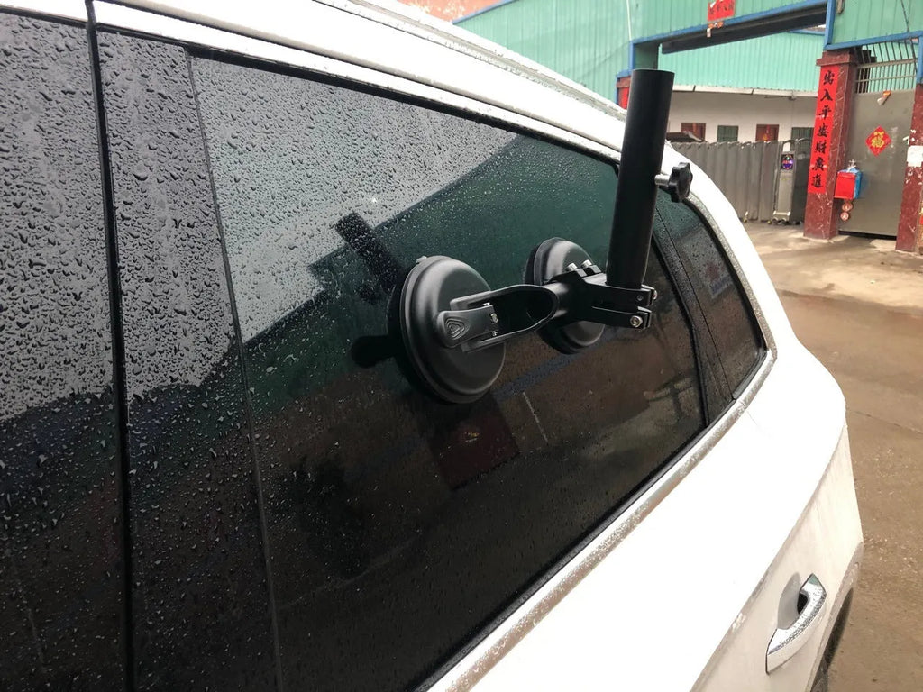 Black round car windscreen sucker base with ABS body and rubber suction cup for off-road flag mounting.