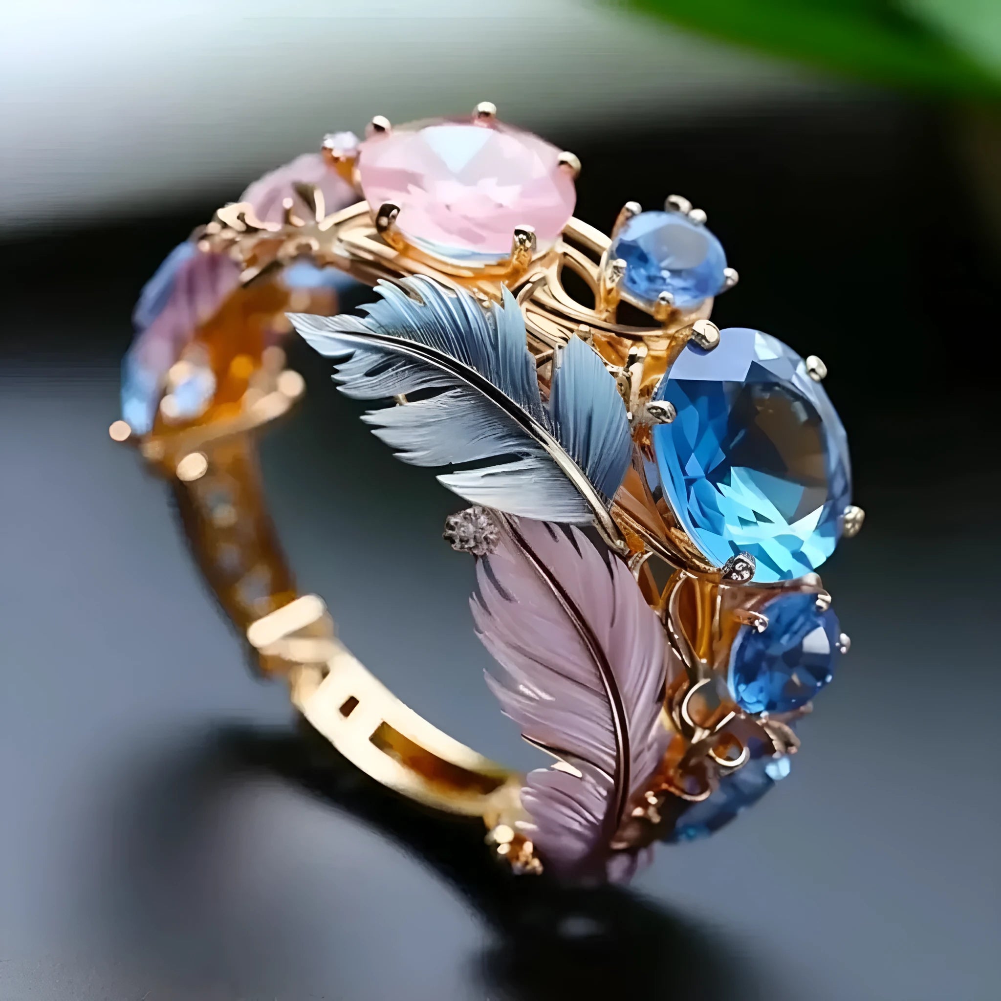 Gold-colour geometric brass ring with an embossed colourful feather design and zircon inlay.