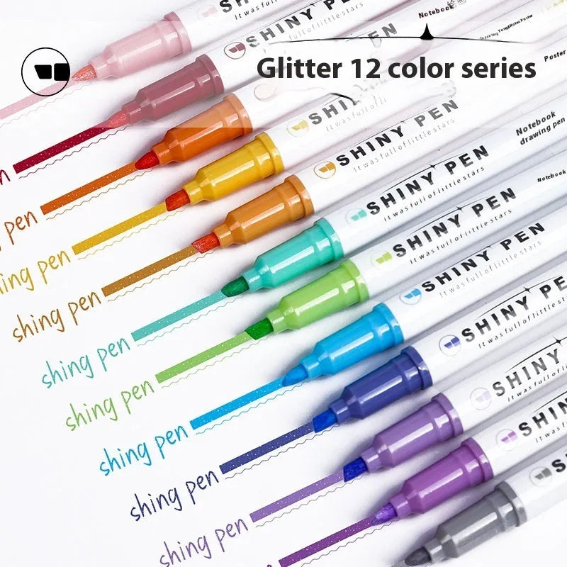 Set of four glitter highlighter pens with slanted tips in six colours including taro puff and mung bean smoothie.