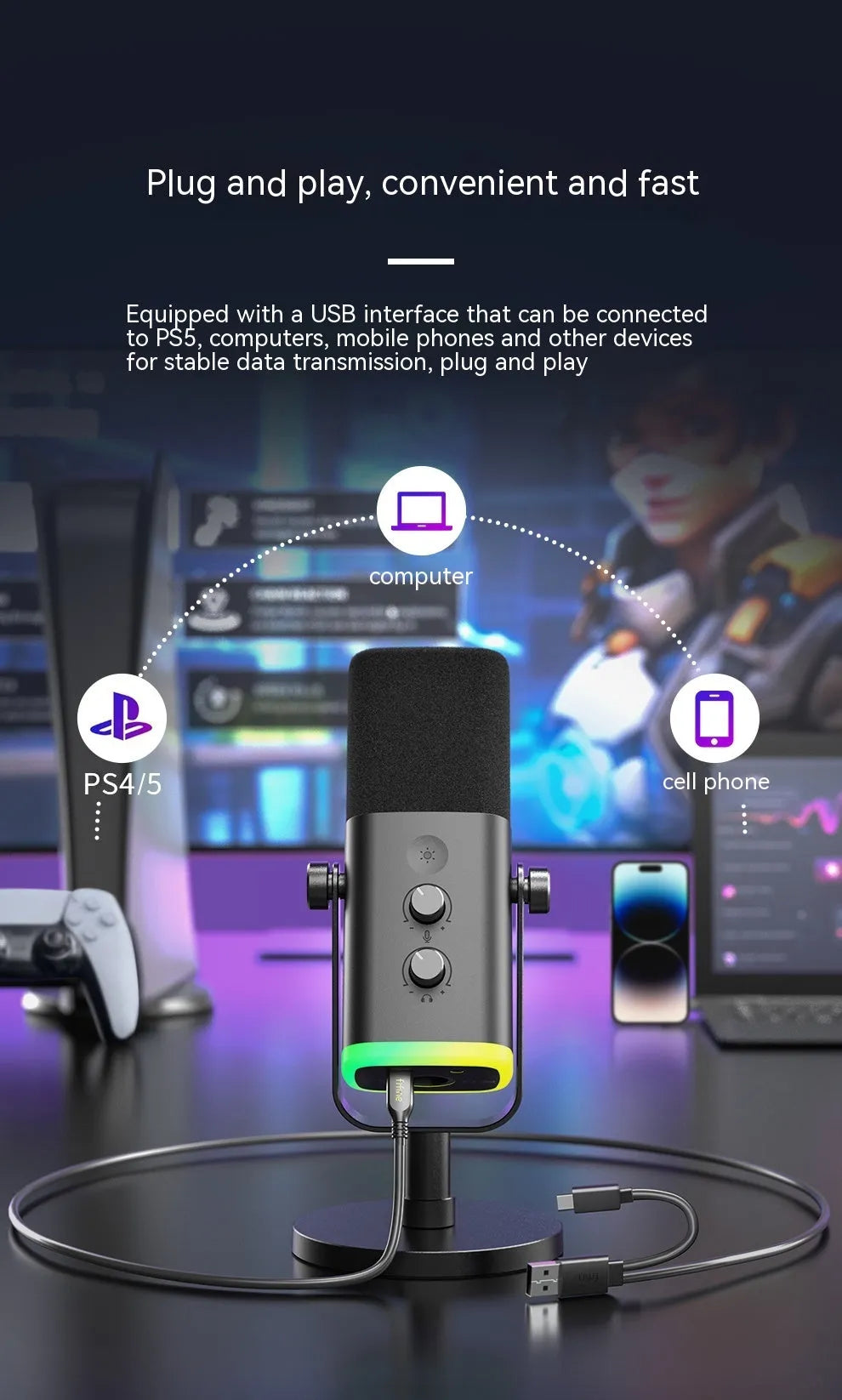 Dynamic noise reduction condenser microphone in black, pink or white with USB-C XLR cable and desktop base
