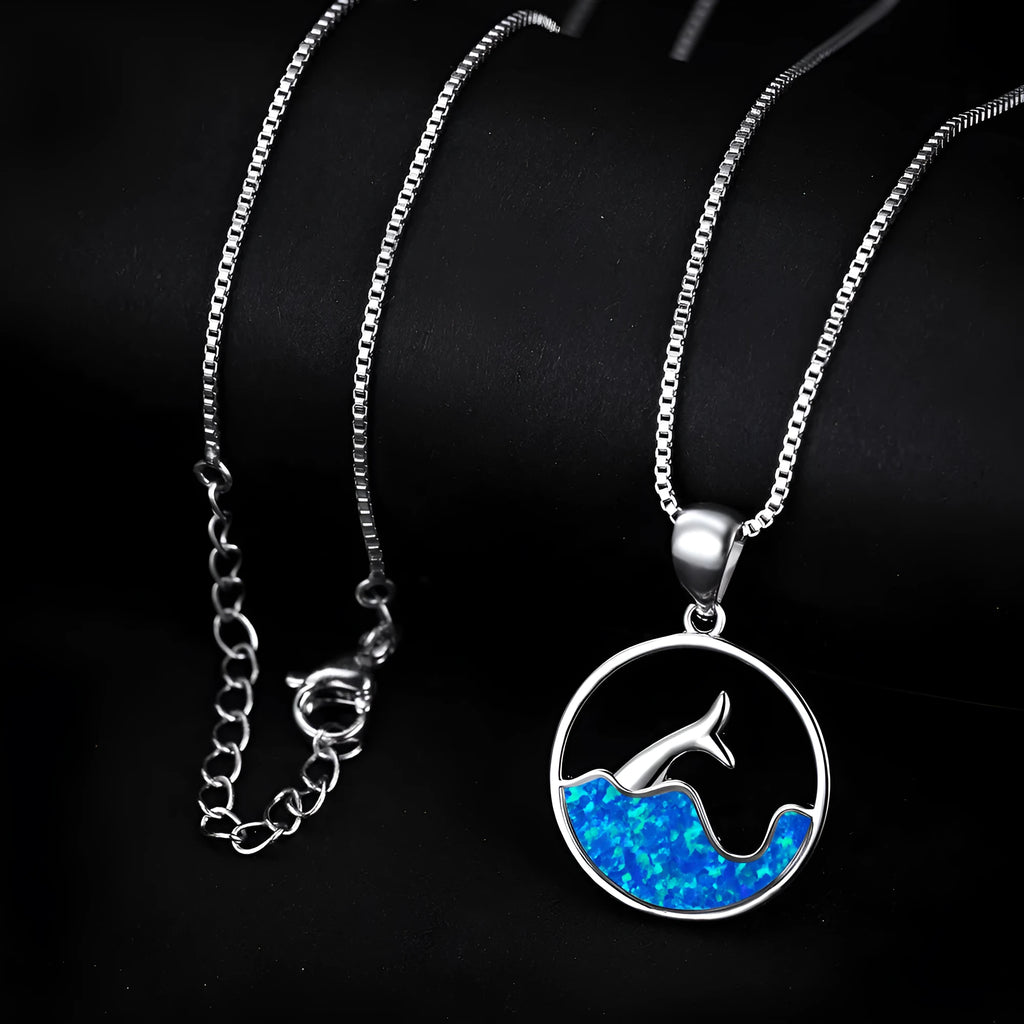 Round copper pendant necklace with sea fishtail geometry design in electroplated platinum blue opal finish