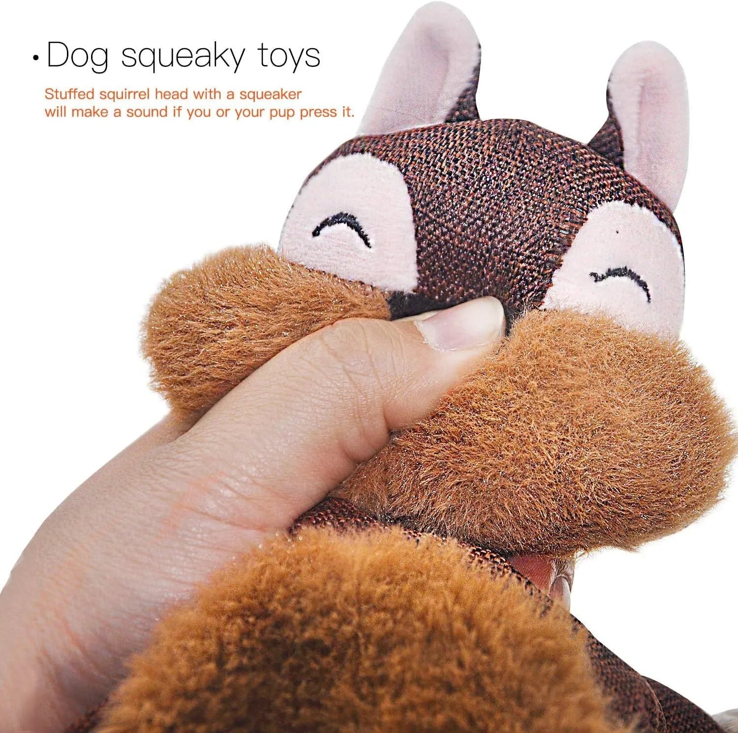 Brown fox-shaped dog toy with embroidered eyes, rope arms and legs, labelled as a squeaker and crinkle toy.