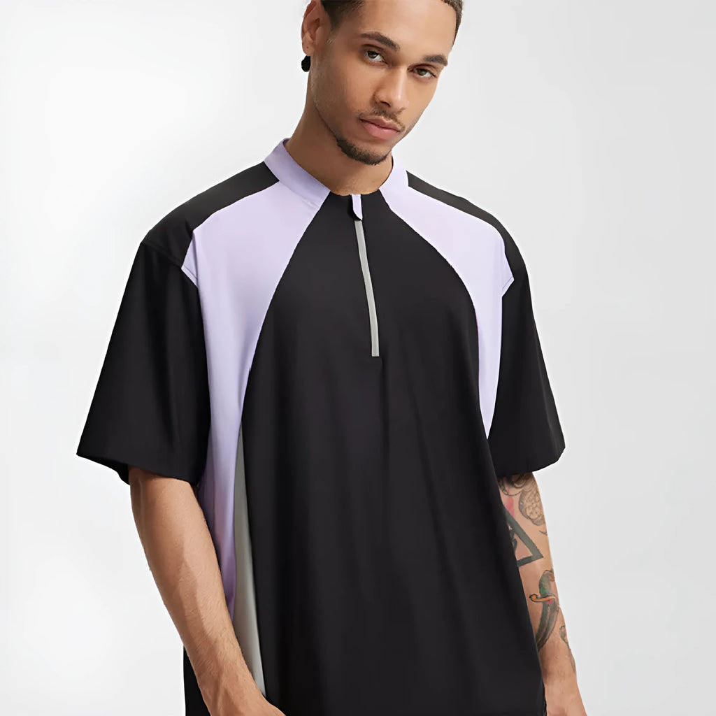 Men's lightweight polyester casual top in black and beige with long and short sleeve options