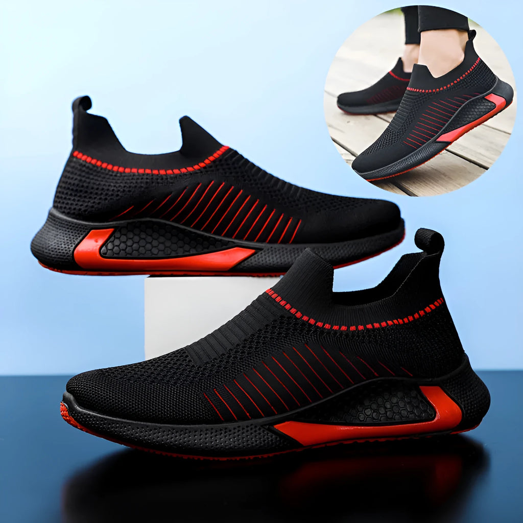 Men's black and white striped mesh sock shoes with Flyknit upper and lace-up front.