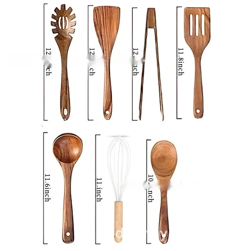 Wooden 7-piece kitchen utensil set with spoons and spatula on kitchen counter