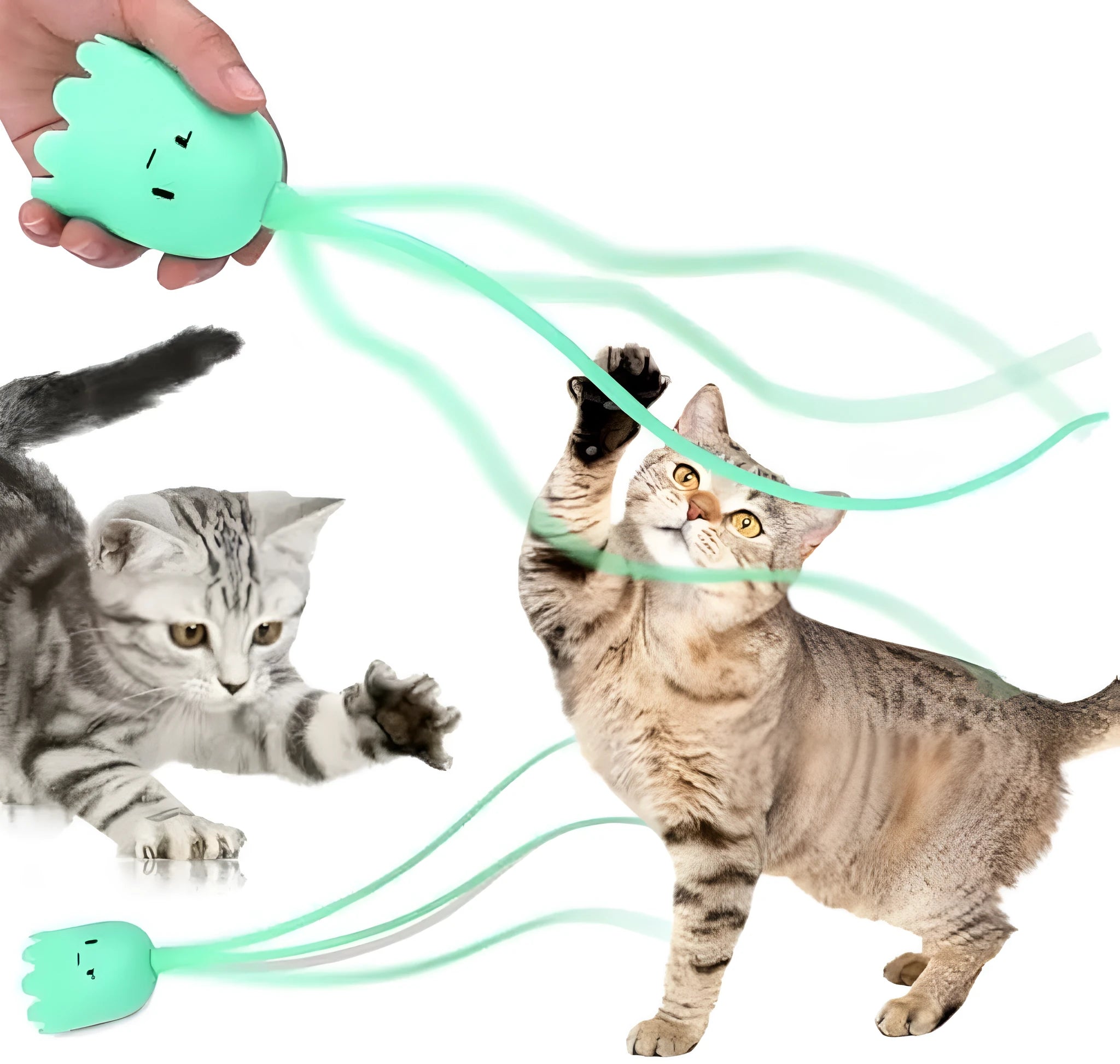 Green electronic cat wand toy with swinging silicone tails for indoor cat play