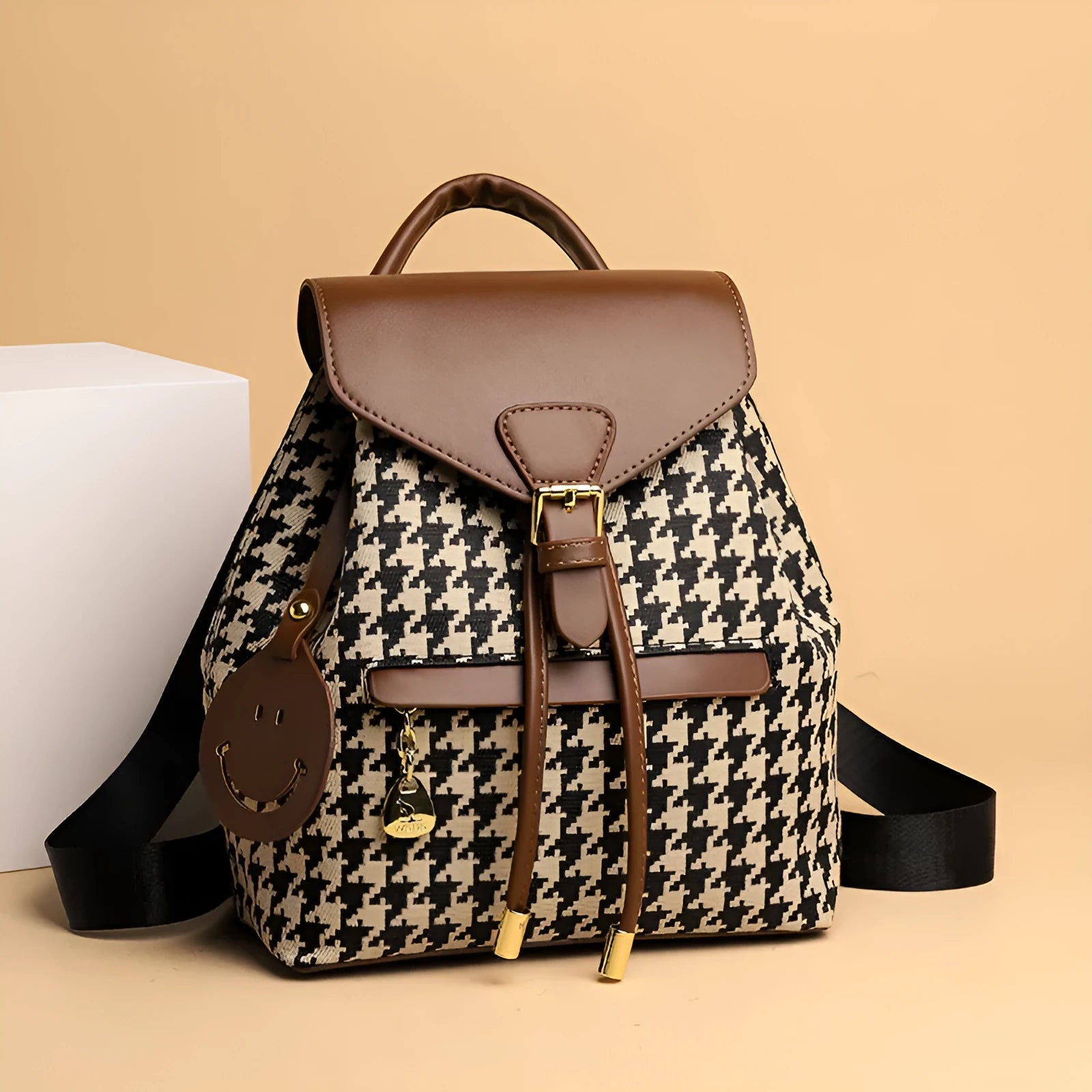 Women's houndstooth backpack in Ostrich with Khaki colour, medium size cylindrical shape with car stitching and contrast colour details