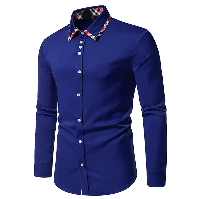 Men's long sleeve plaid shirt with triangle collar in blue, black, or white colour options.