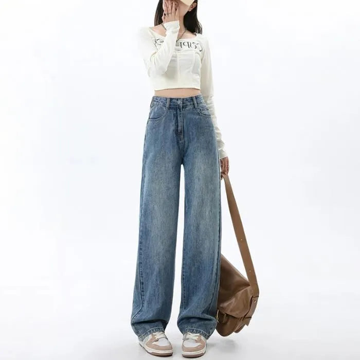 Women's retro blue wide leg jeans with high waist and straight leg design