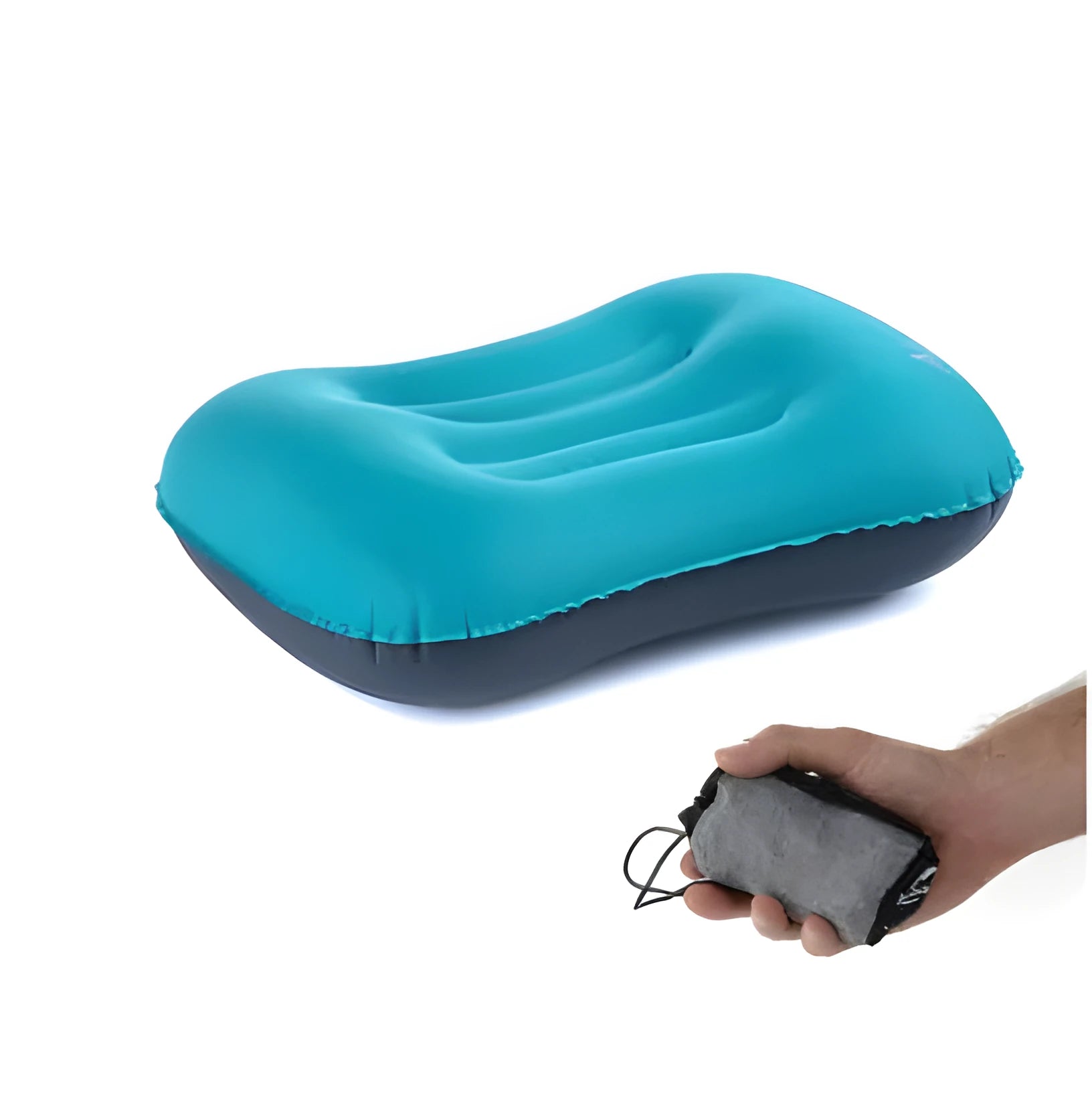 Fruit green inflatable travel pillow with peacock blue pillow case for camping