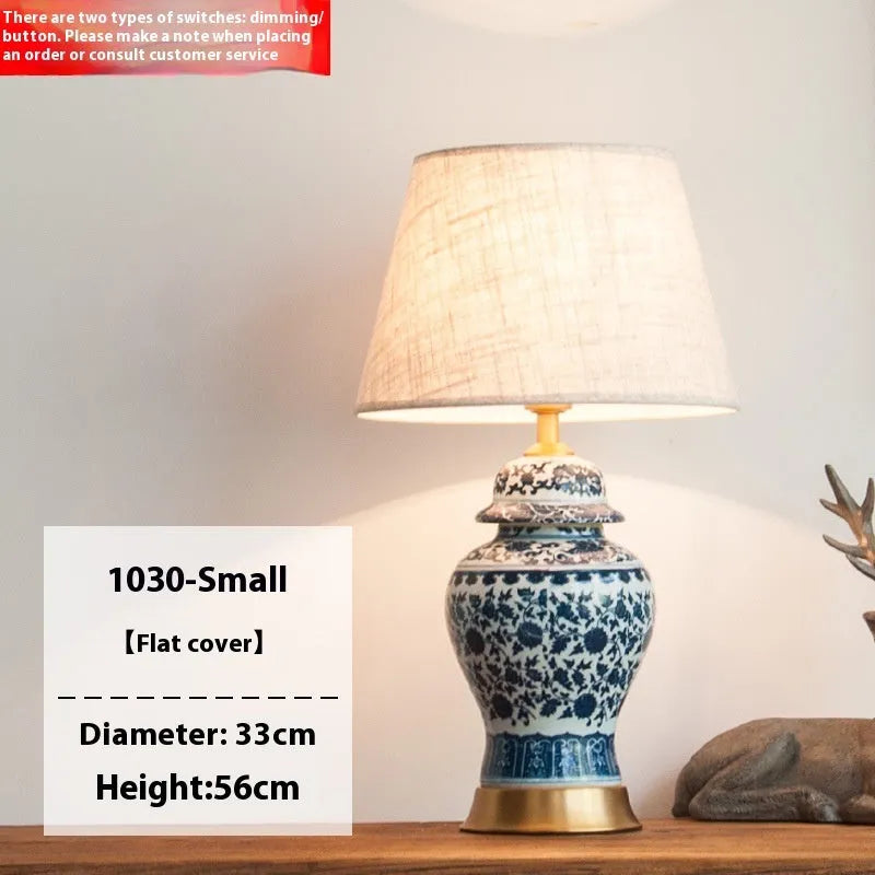 Blue and white porcelain Chinese table lamp with ceramic base and cloth shade