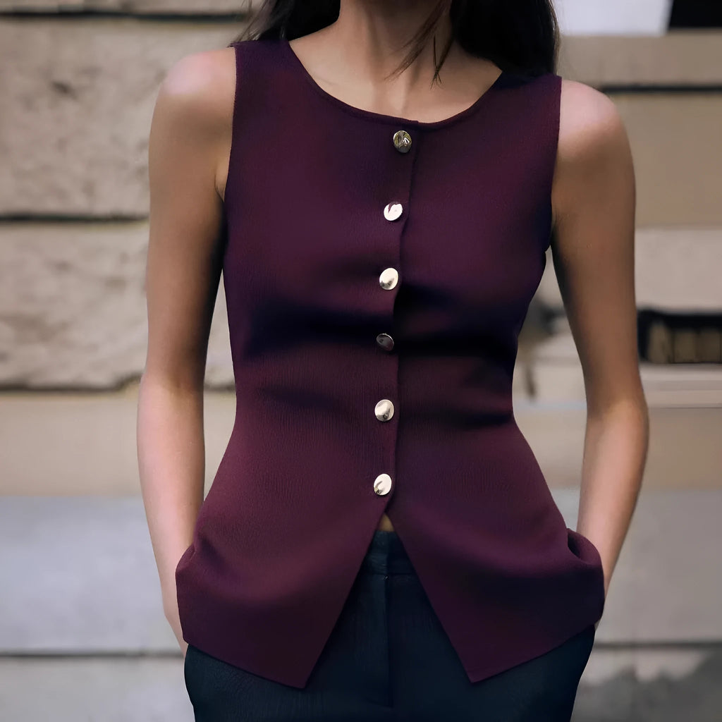 Dark red slim fit sleeveless sweater vest with gold buttons and 3D pattern detailing on a mannequin