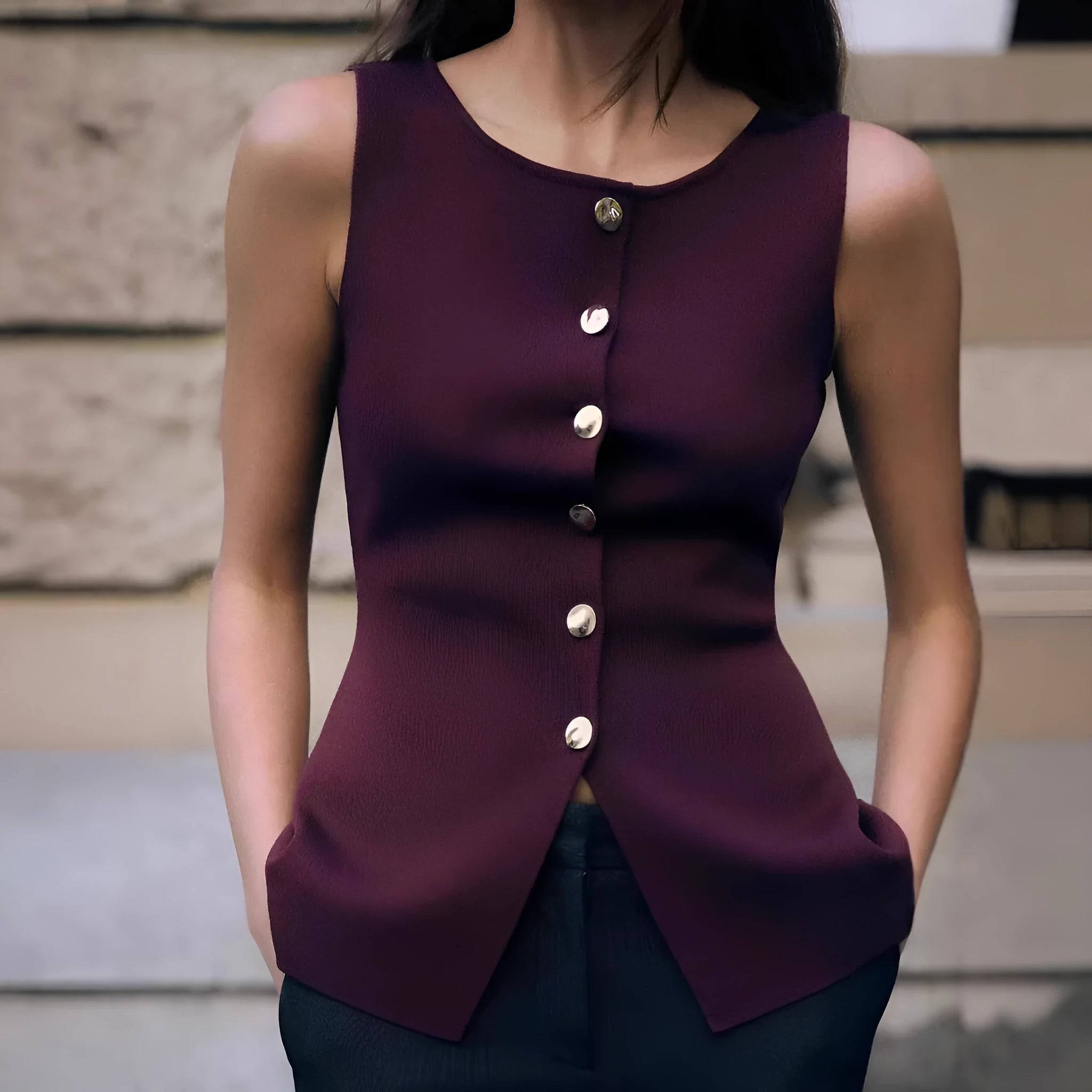 Dark red slim fit sleeveless sweater vest with gold buttons and 3D pattern detailing on a mannequin