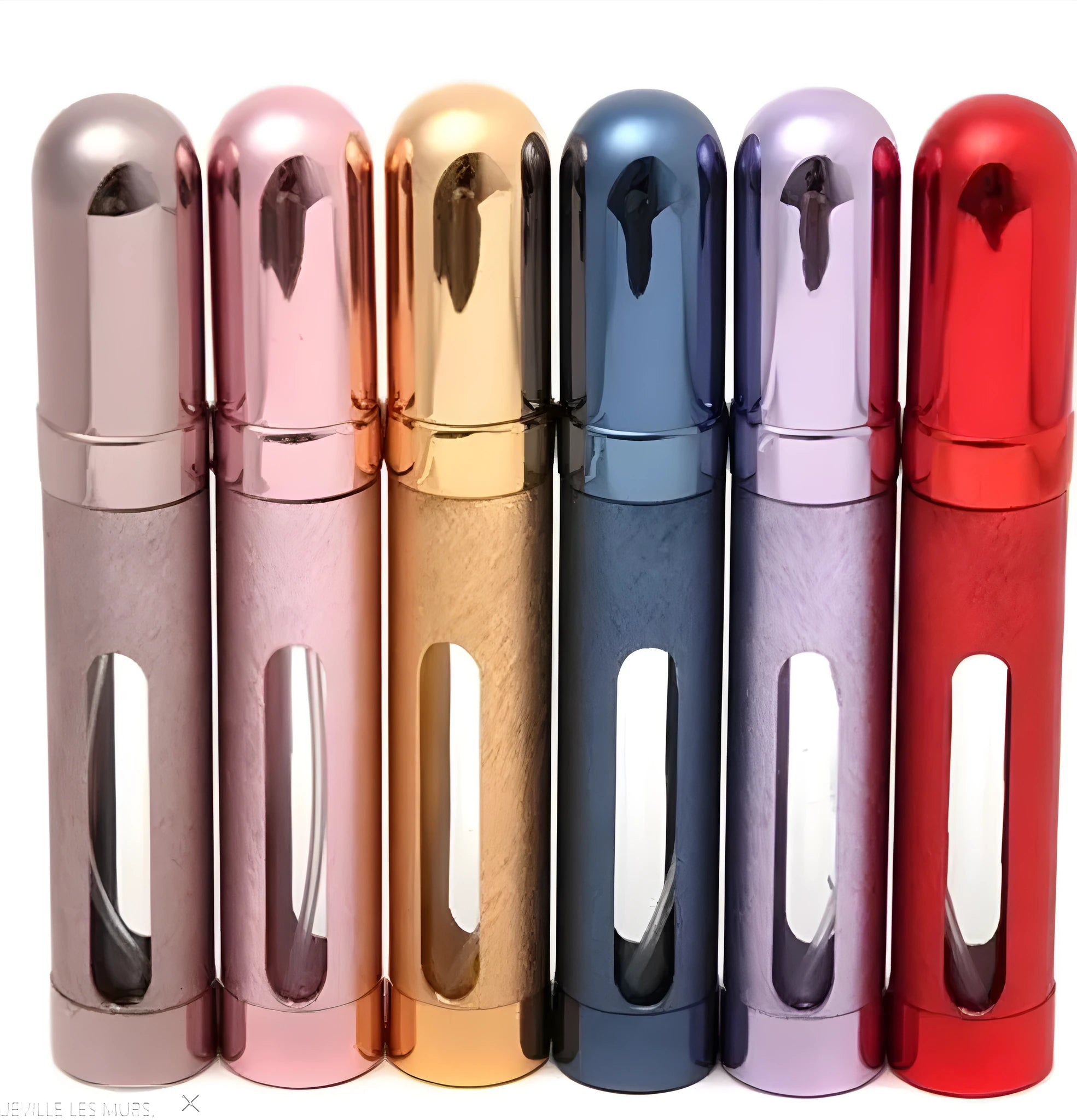 Slim 12ml aluminium bullet-style travel perfume atomiser bottle in a choice of metallic colours.