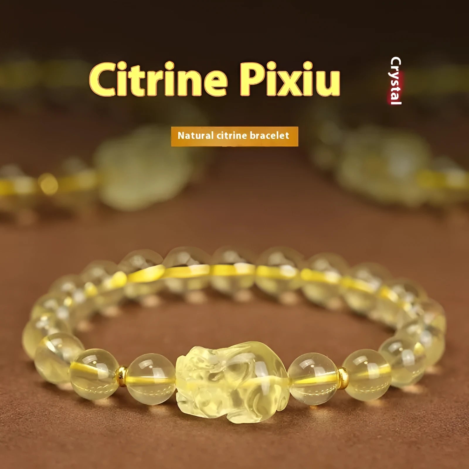 Yellow leather bracelet with artificial crystal Pi Xiu bead in simple Chinese style.