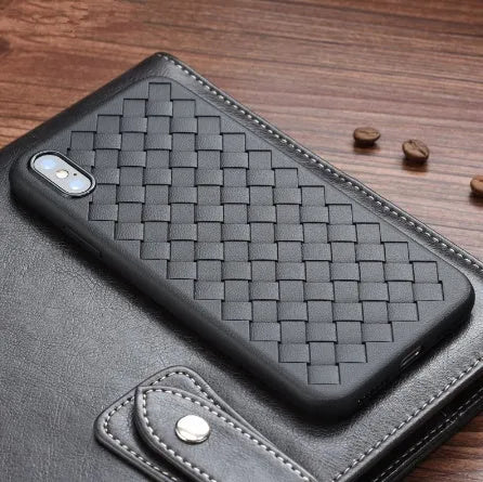 Grid weave pattern iPhone case with raised screen edges and precise port cutouts in various colours