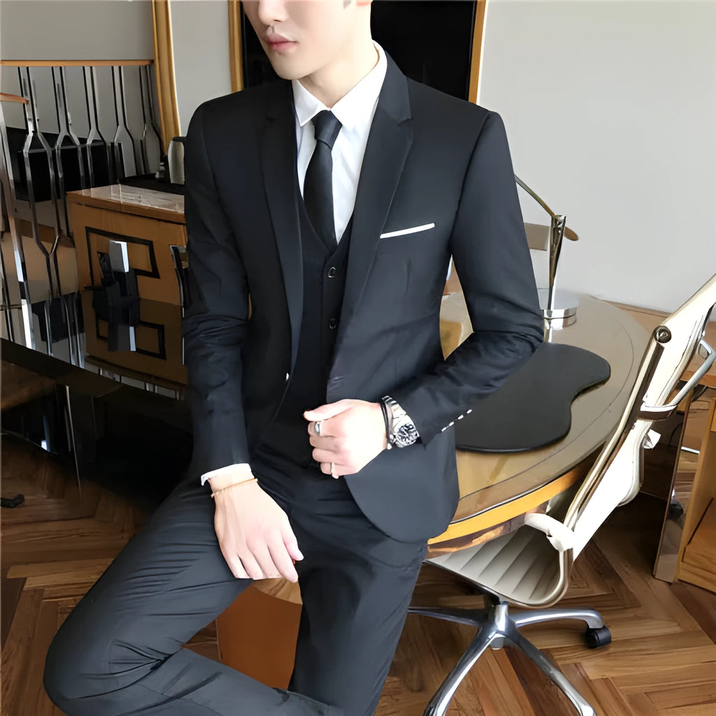 Men's formal suit set in black with jacket and trousers, Asian sizes S to 3XL