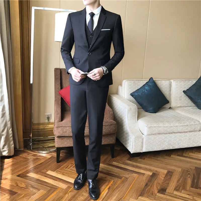 Men's formal suit set in black with jacket and trousers, Asian sizes S to 3XL