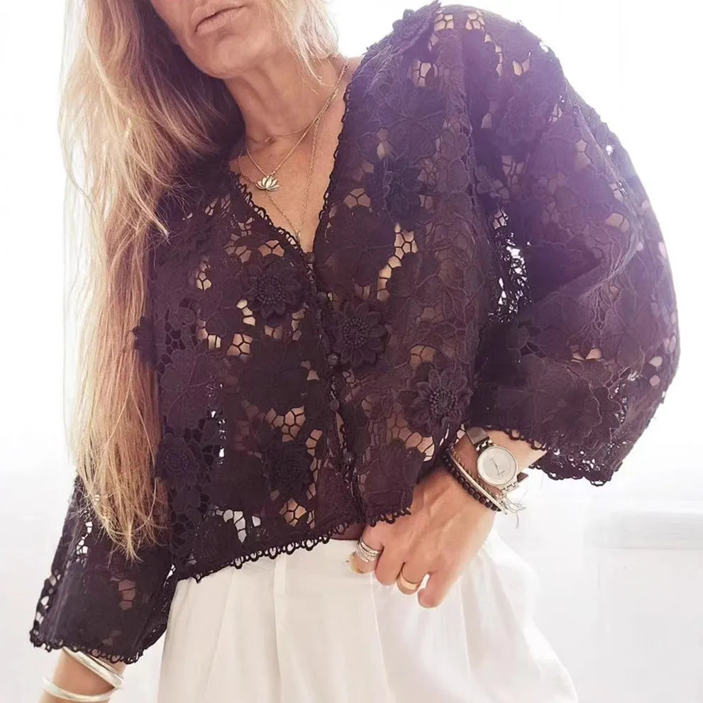 Women's loose black polyester lace cardigan with V-neck and 3D lace flower decoration.