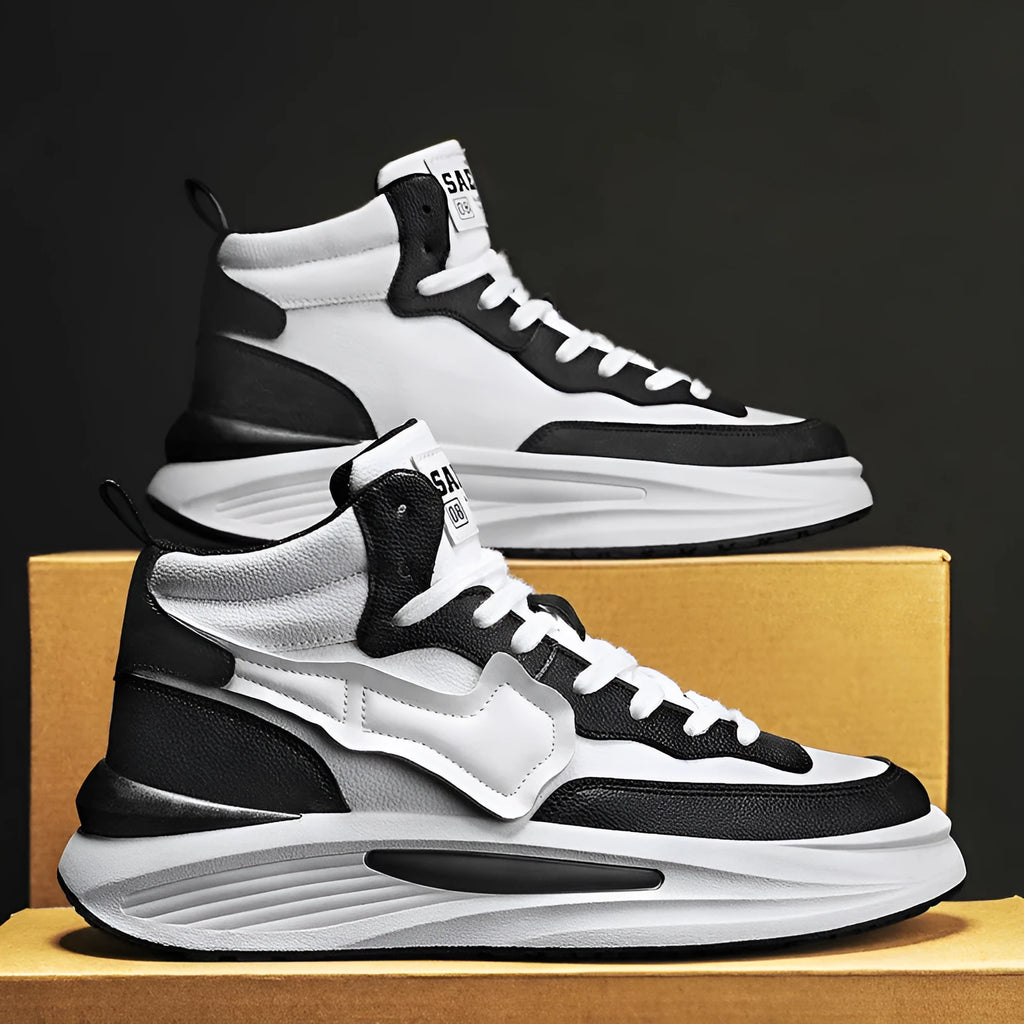Men's black and white platform high-top shoes with round toe design