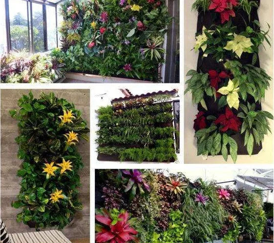 Vertical felt wall planter with 18 green planting pockets for herbs and flowers