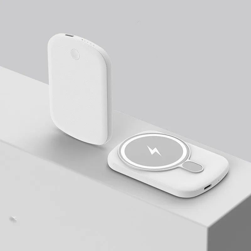Magsafe magnetic wireless power bank in Barbie Pink, showing creative design and compact size.
