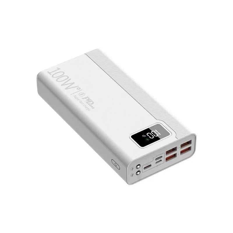Large capacity power bank in black or white plastic casing with dimensions 150mm x 76mm