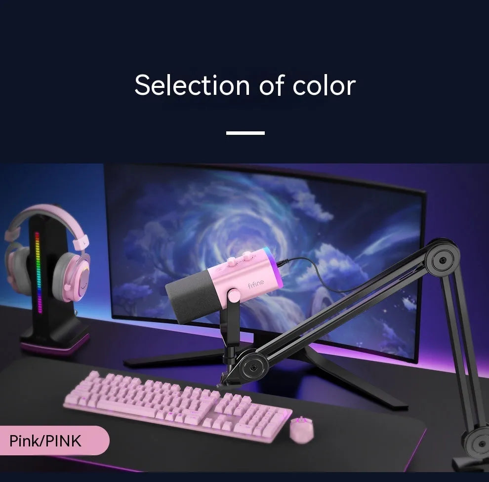 Dynamic noise reduction condenser microphone in black, pink or white with USB-C XLR cable and desktop base