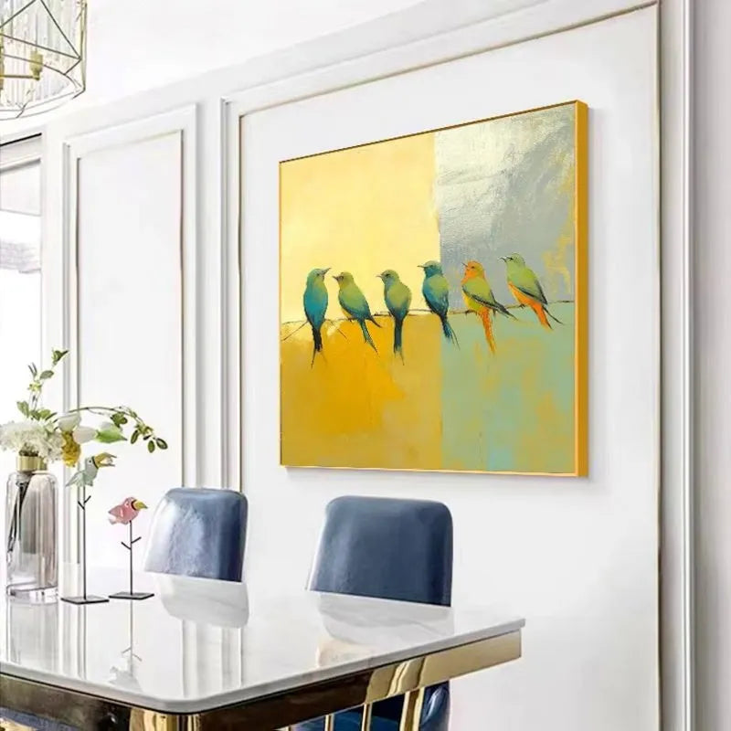 Hand-painted abstract oil painting of birds on a silver yellow background, square canvas unframed