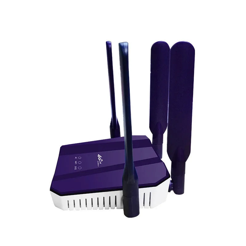 Blue 4G dual mode router with four extended antennas showing compact portable design