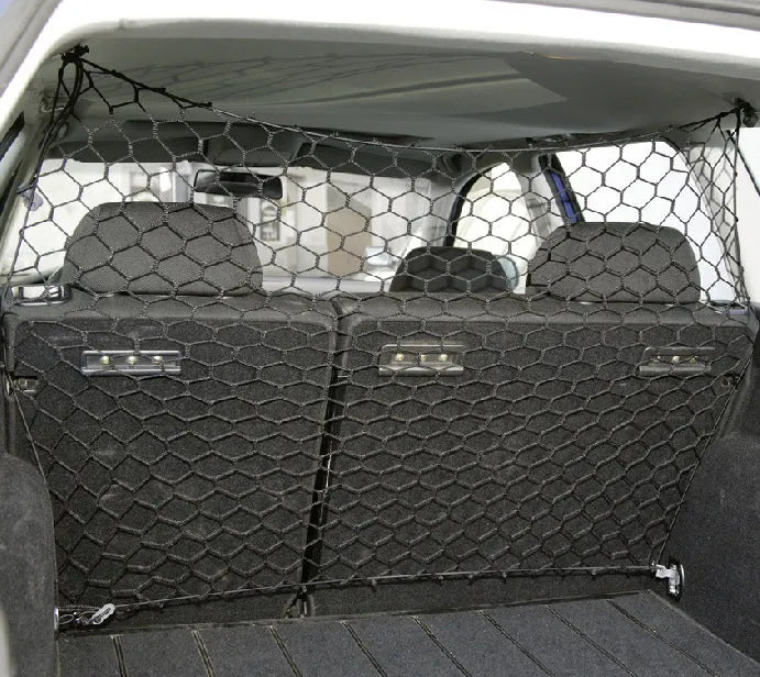 Black mesh dog protective net for car boot, 120cm by 70cm, on white background