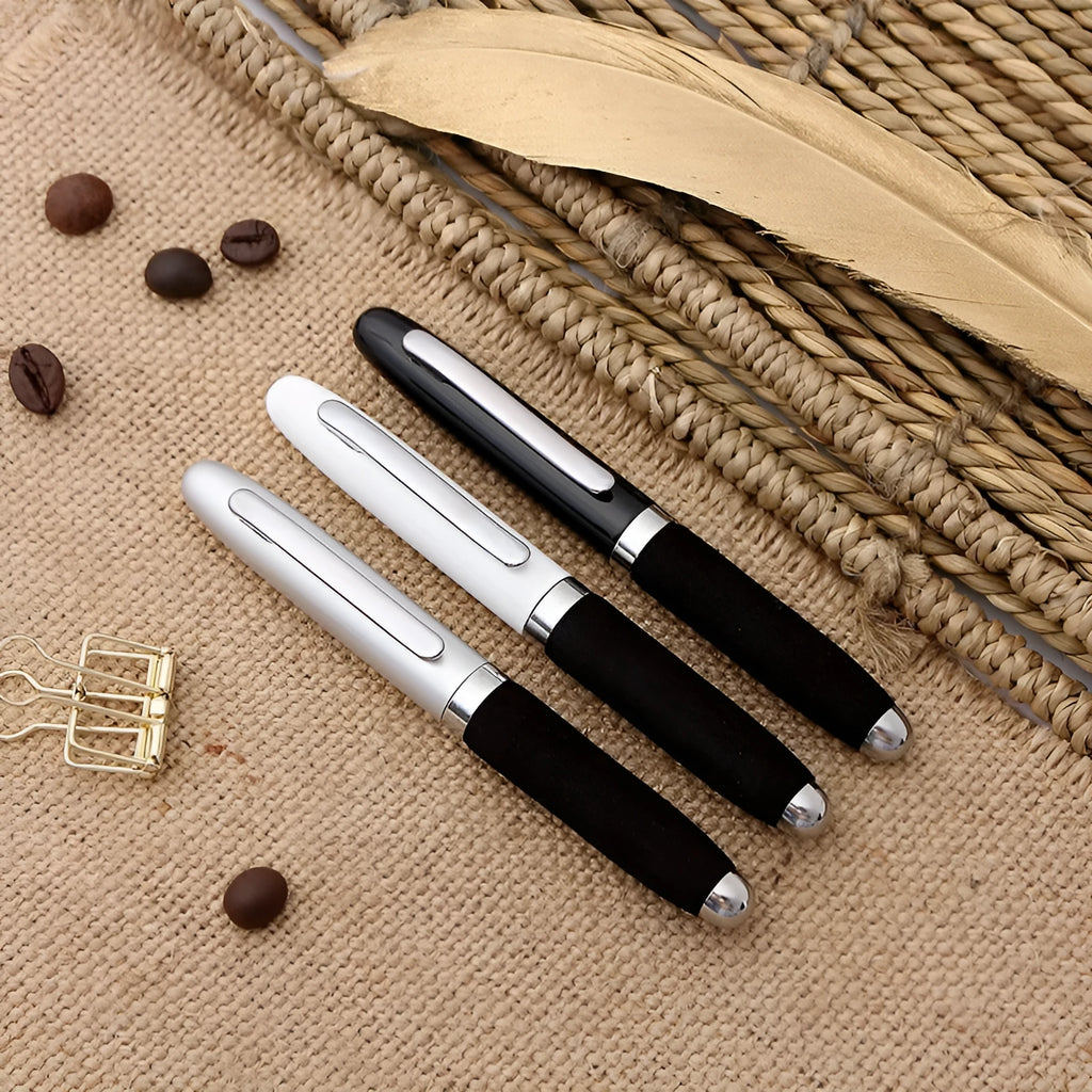 EVA metal cap mini ballpoint pen showing compact 112mm size and available refill colour options