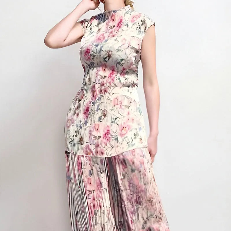 Long sleeve printed chiffon two-piece dress set with high waist design shown in picture colour.
