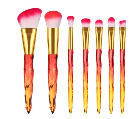 Set of 10 clear crystal handle foundation brushes with diamond shank design and synthetic bristles.