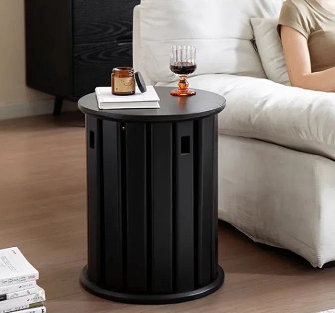 Four stackable round iron dining stools in modern design with graphic customisation options