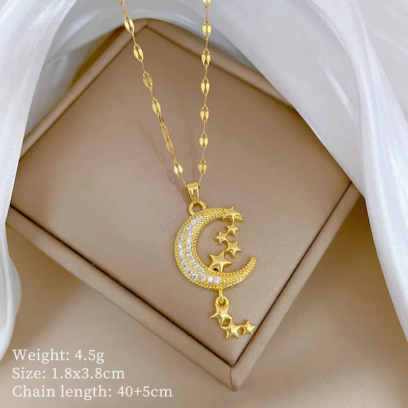 Moon pendant necklace with geometric tassel design and full diamond setting