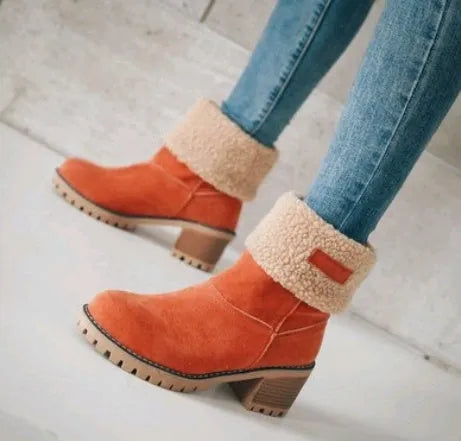 Women's suede mid-tube snow boots in various colours on a beef tendon sole with a waterproof platform.