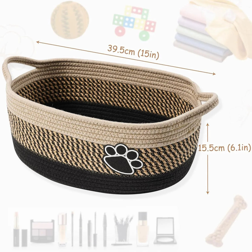 Handmade light beige woven cotton rope storage basket with a wooden handle
