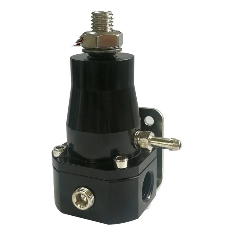 Black aluminium fuel pressure regulator with adjustable pressure gauge for performance engines