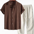 Men's loose blue short sleeve shirt and matching trousers, a casual milk silk summer suit set.