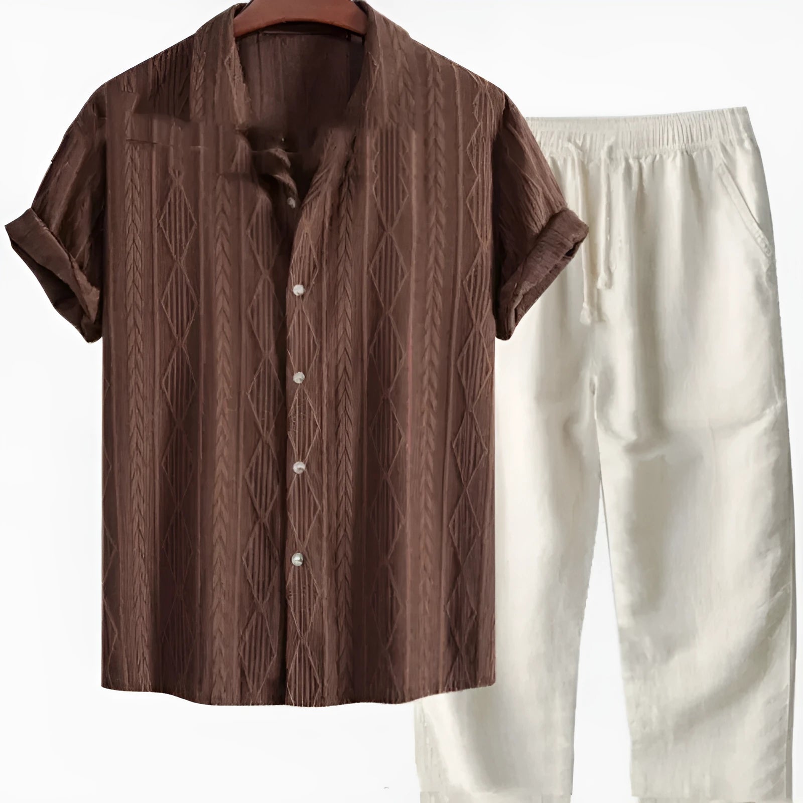 Men's loose blue short sleeve shirt and matching trousers, a casual milk silk summer suit set.