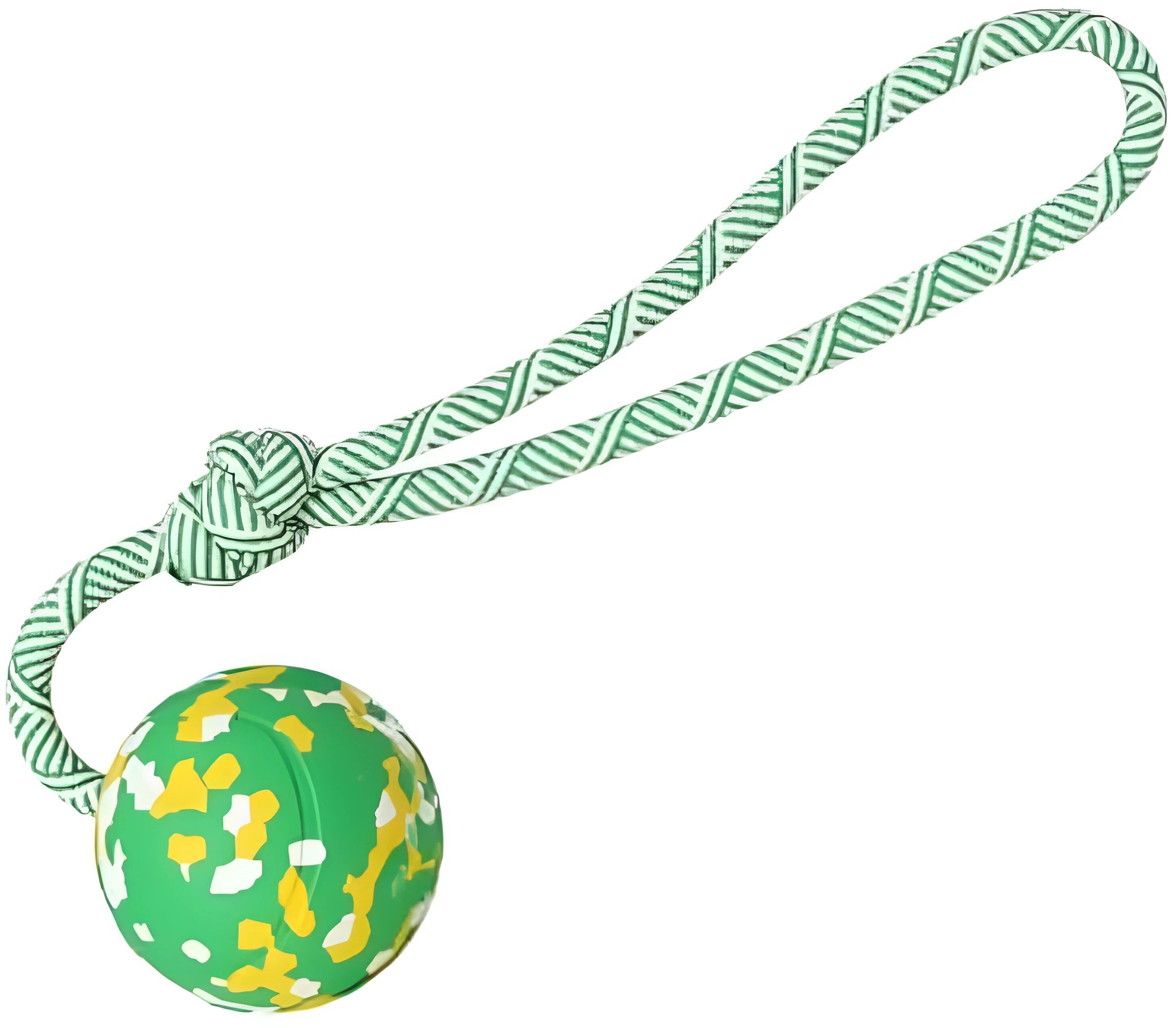 Natural rubber dog ball attached to nylon rope for interactive fetch and tug games