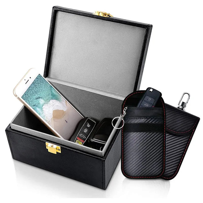 Black PU RFID shielding box and two key cases with nano lining for card protection
