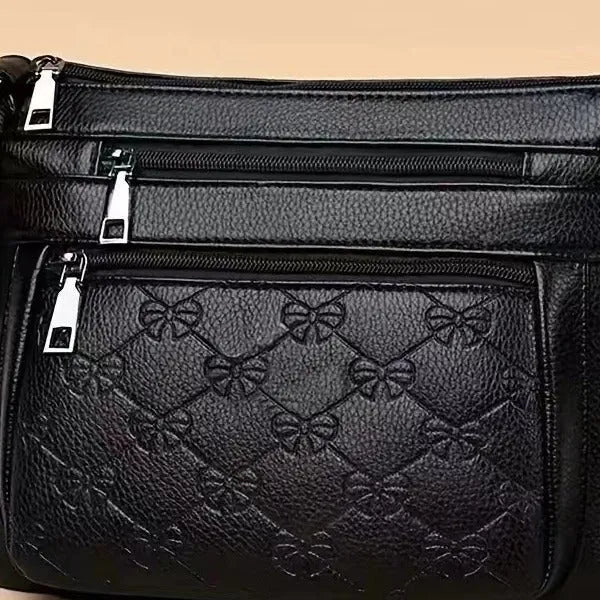 Women's butterfly black PU leather messenger bag with mobile phone pocket and crossbody strap
