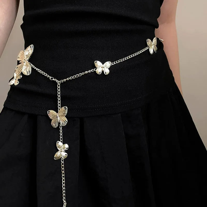 Gold or silver alloy butterfly waist chain showing 40cm decorative section on 104cm length