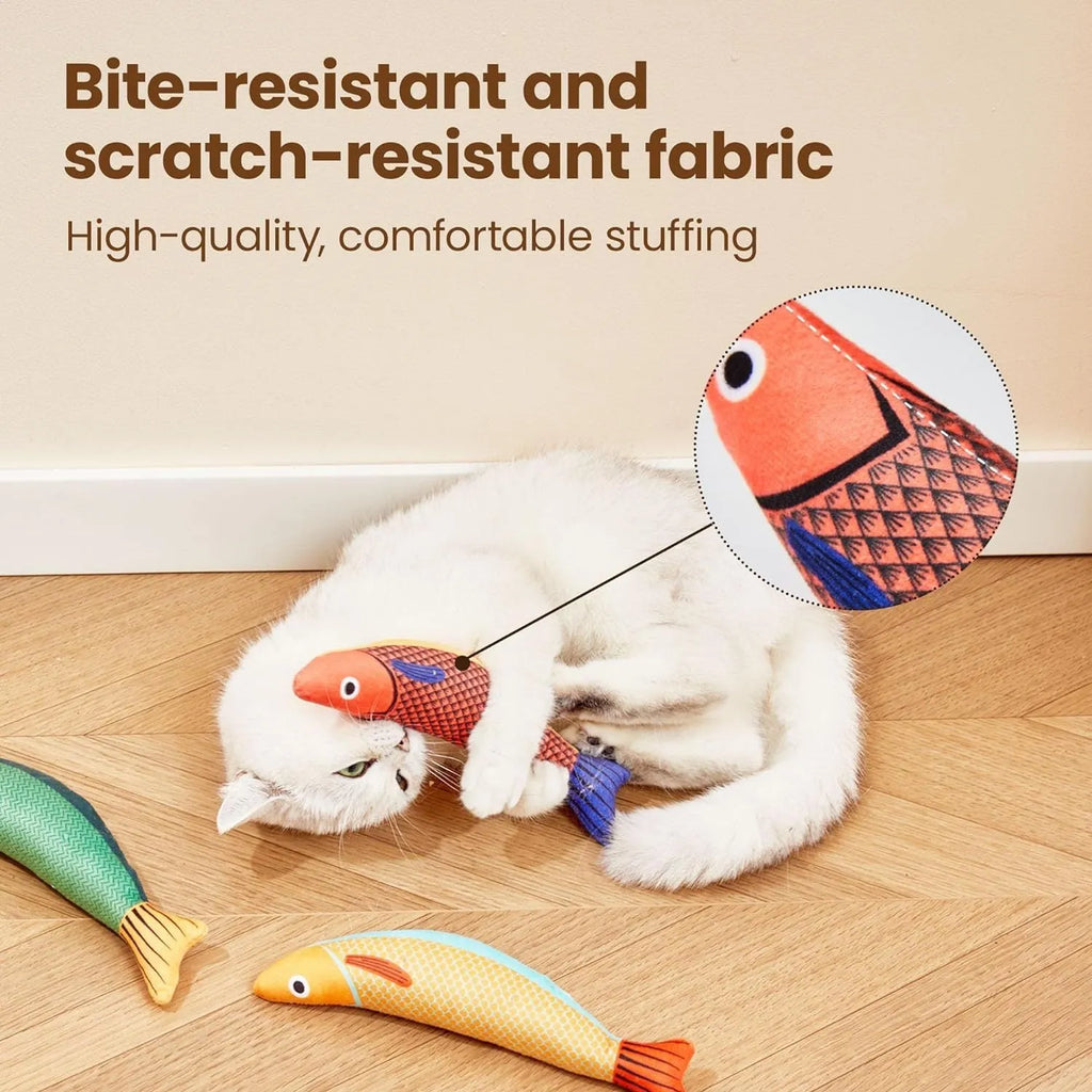Soft plush catnip fish kicker toy in green colour with organic filling and crinkle sound elements