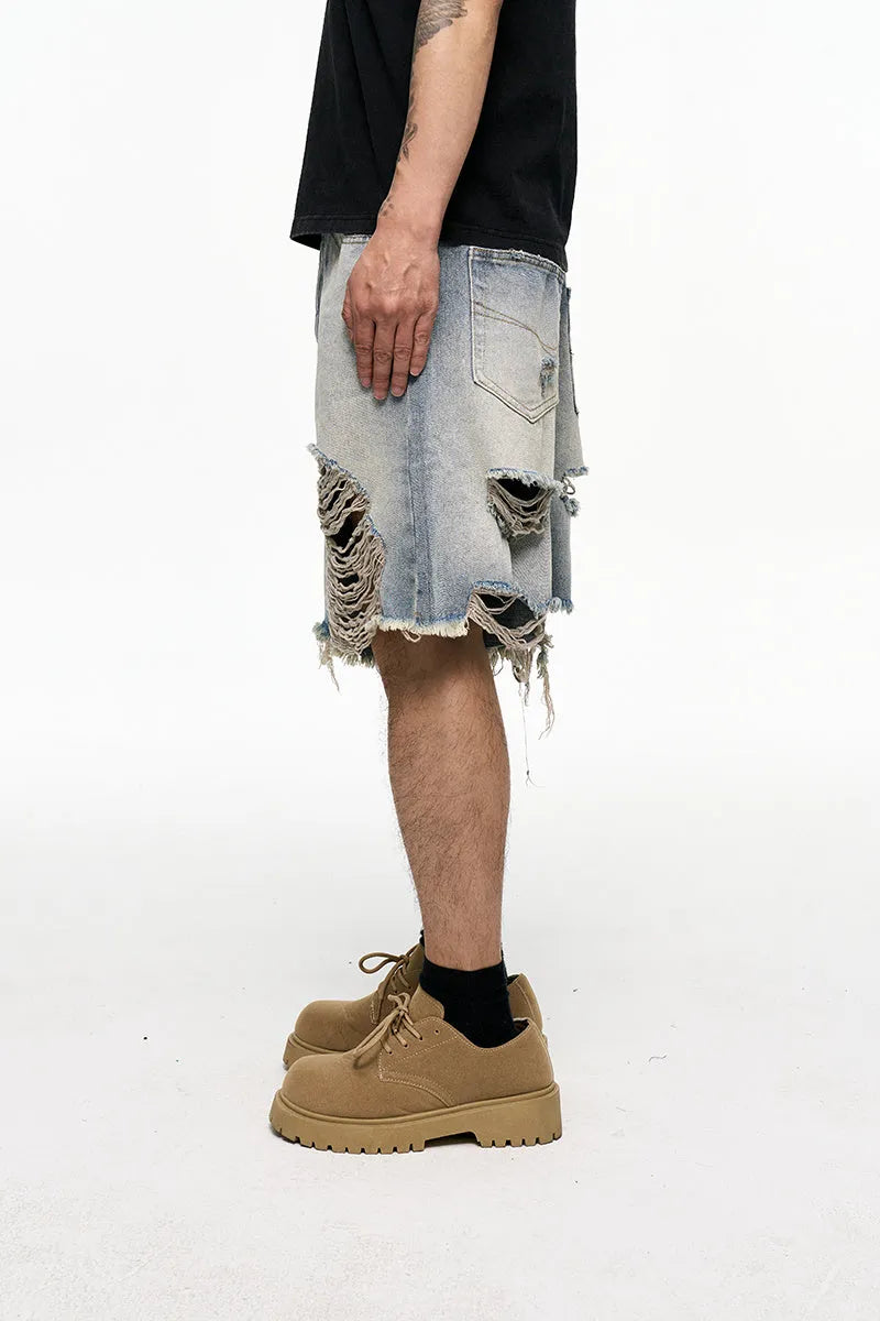 Light blue retro washed men's baggy denim shorts with wide leg fit