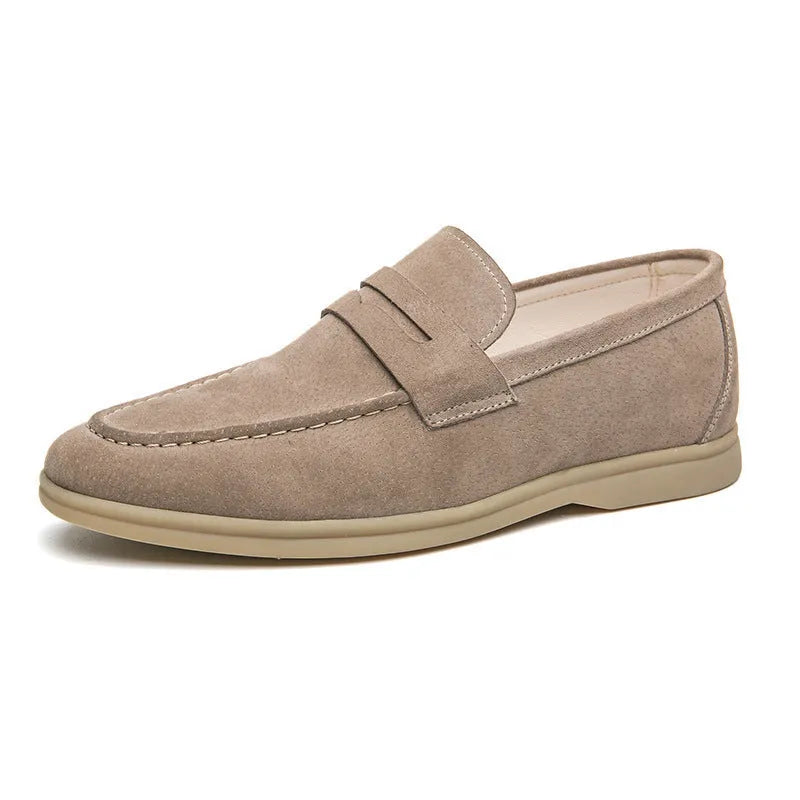 Men's slip-on leather casual shoes in black with round toe and rubber sole