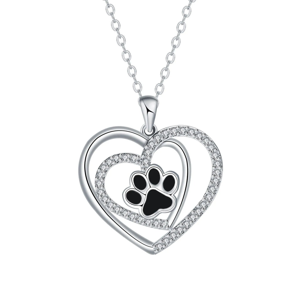 Women's silver tone dog paw prints heart necklace with copper pendant and cross chain